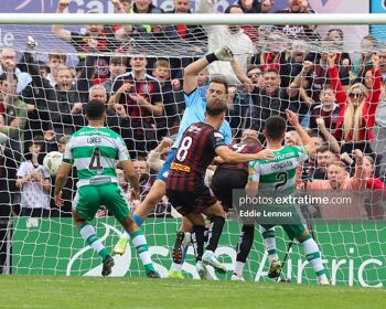 Filip Pizzcek (9) with the winner for Bohs in the Dublin Derby at Dalymount Park against Shamrock Rovers last weekend