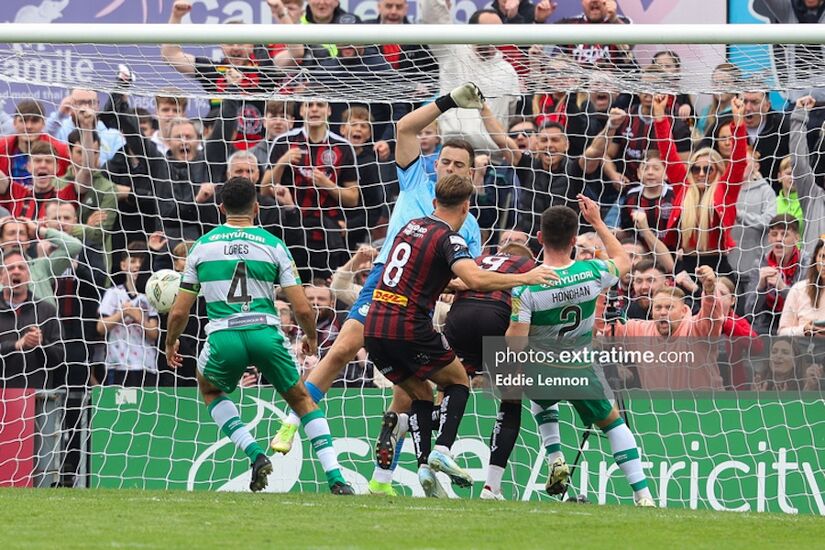 Filip Pizzcek (9) with the winner for Bohs in the Dublin Derby at Dalymount Park against Shamrock Rovers last weekend