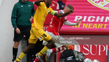 Bruno Frere Captain F91 Diddeleng tackles Jamie Lennon St Patrick's Athletic FC