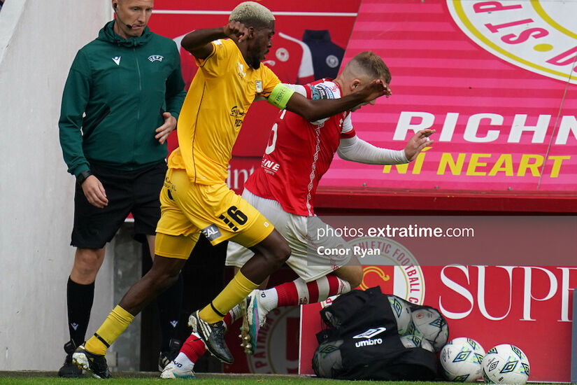 Bruno Frere Captain F91 Diddeleng tackles Jamie Lennon St Patrick's Athletic FC