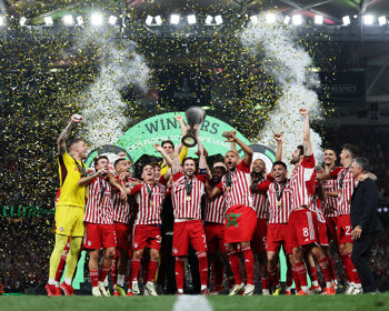 Kostas Fortounis of Olympiacos lifts the UEFA Europa Conference League Trophy after his team's victory in the UEFA Europa Conference League 2023/24 final match between Olympiacos FC and ACF Fiorentina at AEK Arena on May 29, 2024 in Athens, Greece.