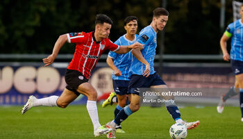 Danny Mullan, City's opening goalscorer, challenging Daniel Norris for the ball