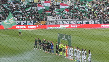 Shamrock Rovers and Ferencvaros line up ahead of kick off in the first leg of their Europa League play-off