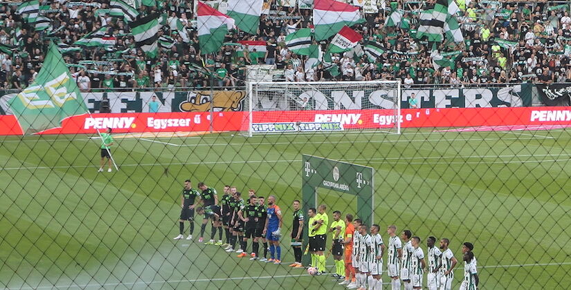 Shamrock Rovers and Ferencvaros line up ahead of kick off in the first leg of their Europa League play-off