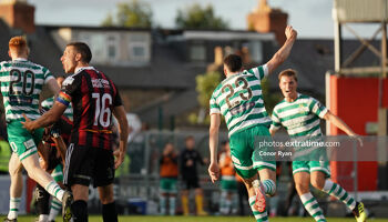 Neil Farrugia Shamrock Rovers FC runs towards his supporters after opening the scoring