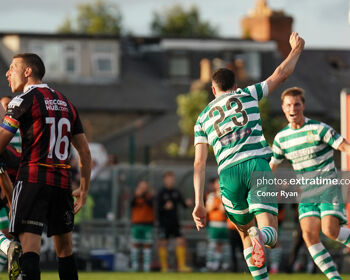 Neil Farrugia Shamrock Rovers FC runs towards his supporters after opening the scoring