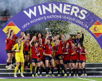 Spain celebrate as Irene Paredes of Spain lifts UEFA Women's Nations League trophy after her team's victory during the UEFA Women's Nations League 2024 Final match between Spain and France at Estadio La Cartuja on February 28, 2024 in Seville, Spain.