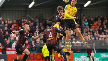 Mason Melia St Patrick's Athletic FC beats Paddy Kirk of Bohemian FC in a Ariel duel but his effort misses during the SSE Airtricity Men’s Premier Division fixture Bohemian FC vs St Patrick’s Athletic FC on May 24, 2024 at Dalymount Park