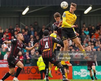 Mason Melia St Patrick's Athletic FC beats Paddy Kirk of Bohemian FC in a Ariel duel but his effort misses during the SSE Airtricity Men’s Premier Division fixture Bohemian FC vs St Patrick’s Athletic FC on May 24, 2024 at Dalymount Park