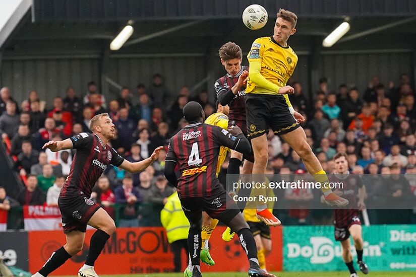 Mason Melia St Patrick's Athletic FC beats Paddy Kirk of Bohemian FC in a Ariel duel but his effort misses during the SSE Airtricity Men’s Premier Division fixture Bohemian FC vs St Patrick’s Athletic FC on May 24, 2024 at Dalymount Park