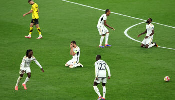 Eduardo Camavinga and Eder Militao of Real Madrid and teammates celebrate at full time following the team's victory during the UEFA Champions League 2023/24 Final match between Borussia Dortmund and Real Madrid CF at Wembley Stadium