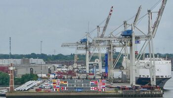 EURO 2024 container art installation in the Port of Hamburg showing the tournament matches in the knock out stage in bracket format