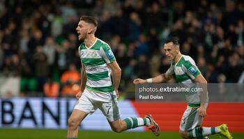 Dylan Watts celebrates scoring against TNS in Shamrock Rovers' 2-1 win in the UEFA Conference League on 6 November 2024