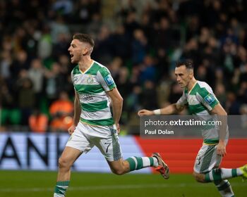 Dylan Watts celebrates scoring against TNS in Shamrock Rovers' 2-1 win in the UEFA Conference League on 6 November 2024