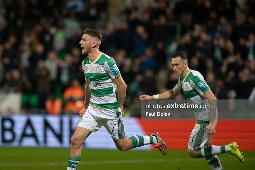 Dylan Watts celebrates scoring against TNS in Shamrock Rovers' 2-1 win in the UEFA Conference League on 6 November 2024