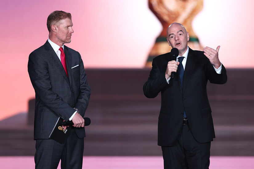 Alexi Lalas and  President of FIFA Gianni Infantino speak onstage during the FIFA World Cup 2026™️ Official Brand Launch last month