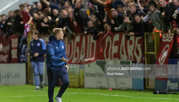 Shels Head Coach Damien Duff acknowledges the support from fans in tense 1-1 draw