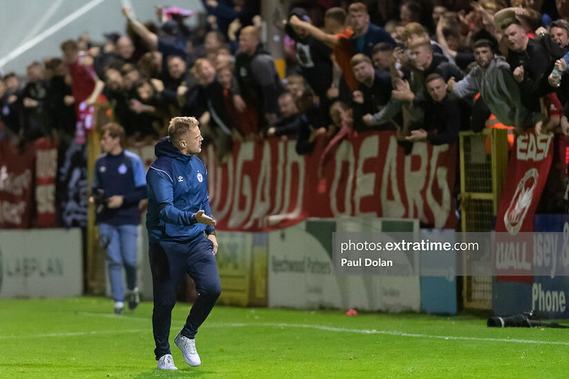 Shels Head Coach Damien Duff acknowledges the support from fans in tense 1-1 draw