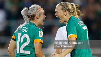 Lily Agg (left) celebrating the win over Finland with Diane Caldwell