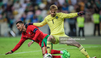 Cristiano Ronaldo of Portugal disputes possession of the ball with Caoimhin Kelleher of Ireland during the friendly between Portugal and Ireland played at Estádio Municipal de Aveiro, Aveiro, Portugal