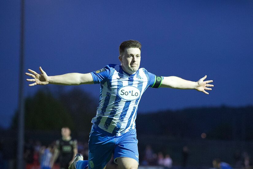 Tony McNamee celebrates scoring during Finn Harps 1 - 0 win over Treaty United on Friday, 3 May 2024.