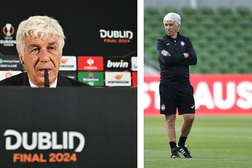 Gian Piero Gasperini, Head Coach of Atalanta BC, during the pre-match press conference and during their training session ahead of their UEFA Europa League 2023/24 final against Bayer 04 Leverkusen in Lansdowne Road.