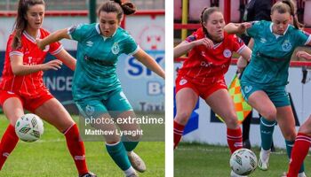 Lia O'Leary (left) and Joy Ralph in action for Shamrock Rovers in their scoreless draw with Shelbounre in Tolka Park on Saturday 13 April
