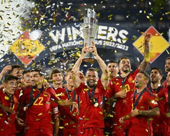 Nacho of Spain lifts the trophy after his team's victory in the UEFA Nations League 2022/23 final match over Croatia in June 2023 in Rotterdam