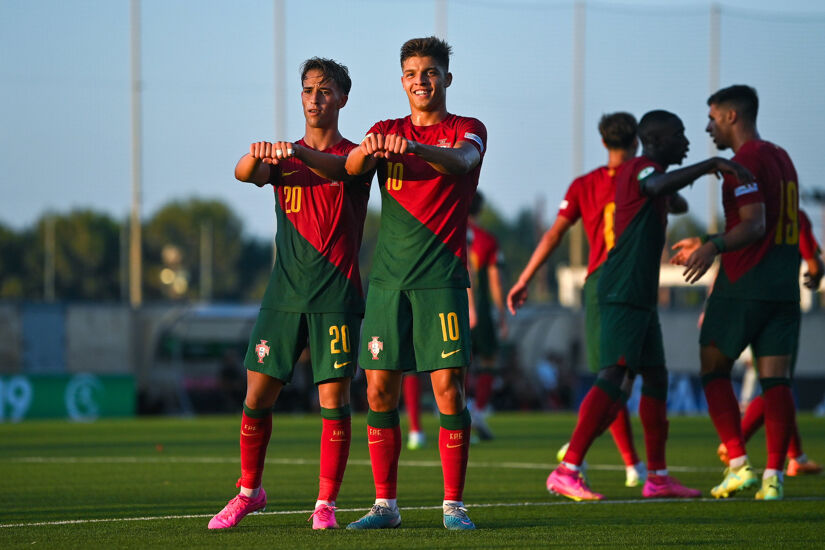 Hugo Félix of Portugal, left, celebrates with teammate Diogo Prioste after scoring their side's fourth goal during the UEFA European Under-19 Championship Finals 2022/23 group A match between Portugal and Italy