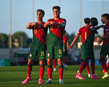Hugo Félix of Portugal, left, celebrates with teammate Diogo Prioste after scoring their side's fourth goal during the UEFA European Under-19 Championship Finals 2022/23 group A match between Portugal and Italy