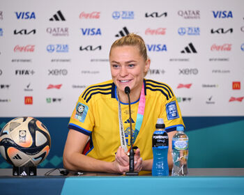 Fridolina Rolfo of Sweden speaking to the media after her team won the bronze medal match in the World Cup