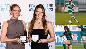 Left: Athlone Town's Madie Gibson (left) and Dana Scheriff at PFAI Awards, Shamrock Rovers' Lia O'Leary (top right) and Galway's Jenna Slattery