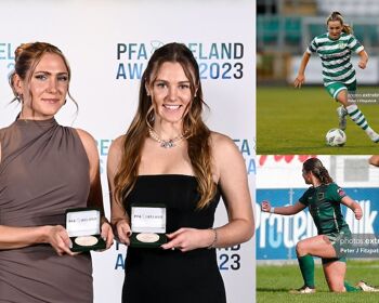 Left: Athlone Town's Madie Gibson (left) and Dana Scheriff at PFAI Awards, Shamrock Rovers' Lia O'Leary (top right) and Galway's Jenna Slattery