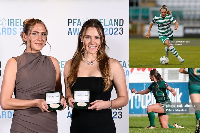 Left: Athlone Town's Madie Gibson (left) and Dana Scheriff at PFAI Awards, Shamrock Rovers' Lia O'Leary (top right) and Galway's Jenna Slattery