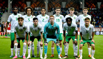 The Republic of Ireland team before the UEFA European Under-17 Championship Finals 2023 Group A match between Republic of Ireland and Hungary in the Pancho Arena on May 23, 2023 in Felcsút, Hungary.