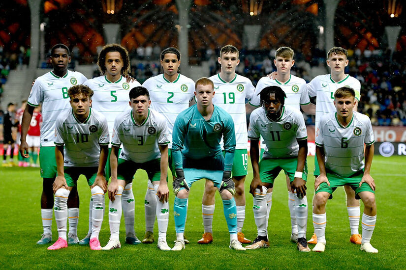 The Republic of Ireland team before the UEFA European Under-17 Championship Finals 2023 Group A match between Republic of Ireland and Hungary in the Pancho Arena on May 23, 2023 in Felcsút, Hungary.