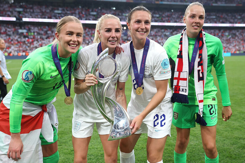 (L-R) Hannah Hampton, Alex Greenwood, Lotte Wubben-Moy during the UEFA Women's Euro 2022 final match between England and Germany at Wembley Stadium on July 31, 2022 in London, England. (