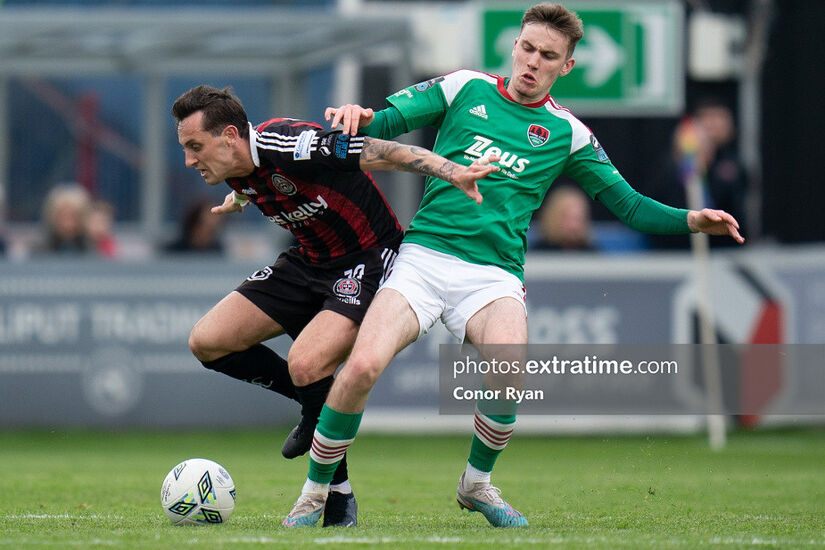 Dylan Connolly Bohemian FC is fouled by Matt Healy Cork City FC