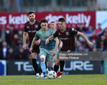 Dayle Rooney in action against Darragh Markey during Bohemians -v- Drogheda United on Friday, 19 April 2024.