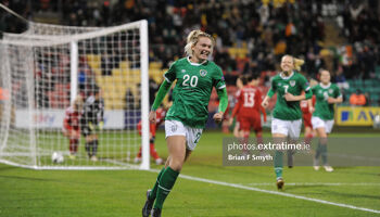 Saoirse Noonan celebrates her first international goal during an 11-0 World Cup qualifying win over Georgia at Tallaght Stadium on November 30, 2021.