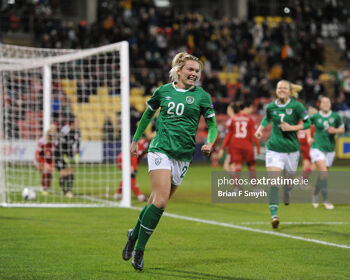 Saoirse Noonan celebrates her first international goal during an 11-0 World Cup qualifying win over Georgia at Tallaght Stadium on November 30, 2021.