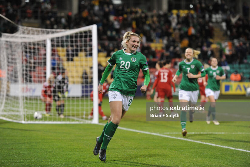 Saoirse Noonan celebrates her first international goal during an 11-0 World Cup qualifying win over Georgia at Tallaght Stadium on November 30, 2021.