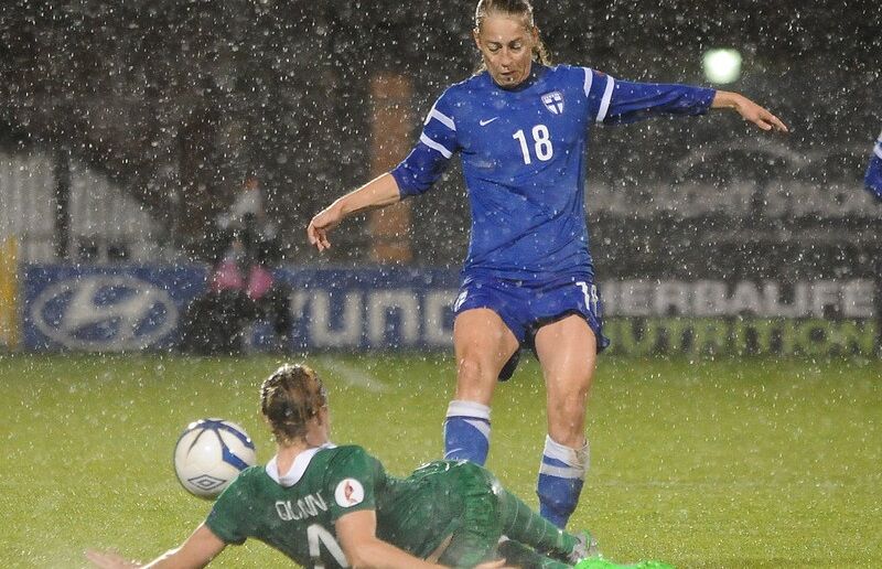 Linda Sallstrom of Finland vies for the ball with the Republic of Ireland's Louise Quinn during their opening Euro 2017 qualifier at Tallaght Stadium on September 22nd, 2015.