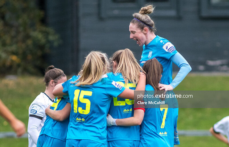 Jess Gleeson rights highest as DLR Waves celebrate the winner over Bohs