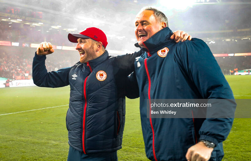 St Pats management celebrate during the FAI Cup Final between St Patricks Athletic and Bohemians at the Aviva Stadium, Dublin, Republic of Ireland on 28 November 2021.