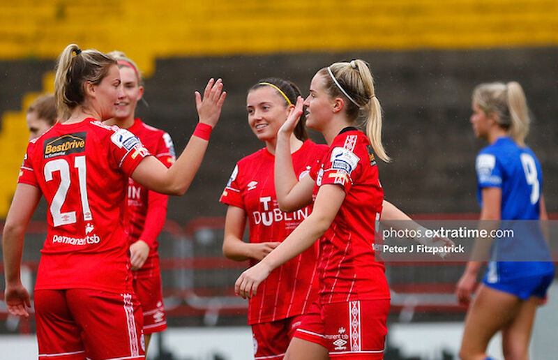 Jessie Stapleton of Shelbourne celebrates scoring against Treaty United at Tolka Park