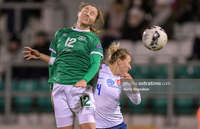 Kyra Carusa competing for a header against Slovakia in Tallaght Stadium