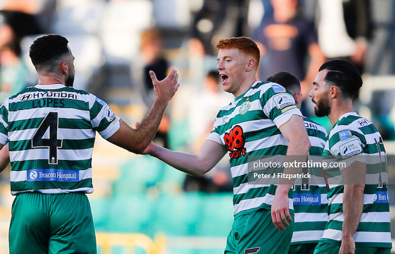 Rory Gaffney of Shamrock Rovers celebrates scoring his side second goal with Pico Lopes