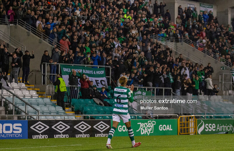 Barry Cotter acknowledges the Shamrock Rovers supporters after his second half substitution against Sligo Rovers