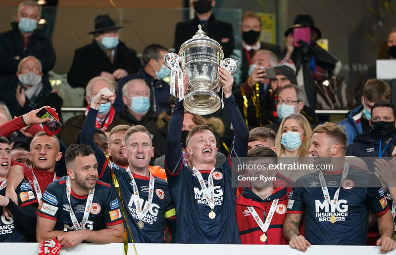 St Pats celebrate during the FAI Cup Final between St Patricks Athletic and Bohemians at the Aviva Stadium, Dublin, Republic of Ireland on 28 November 2021. Chris Forrester St Patrick's Athletic holds the Cup a-loft